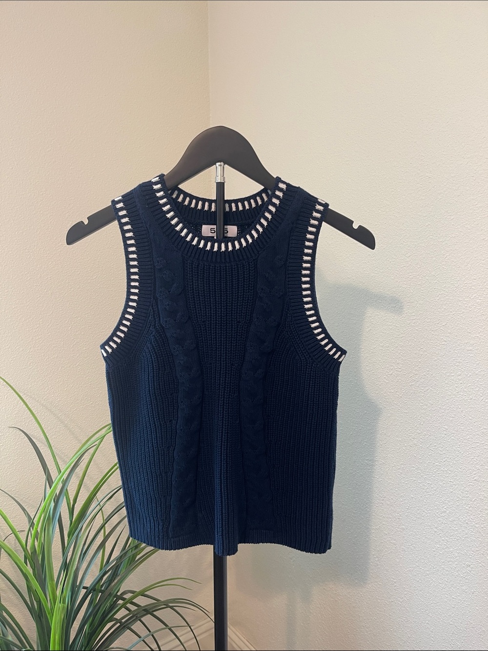 525 America Navy Knit Cable Tank with White Trim